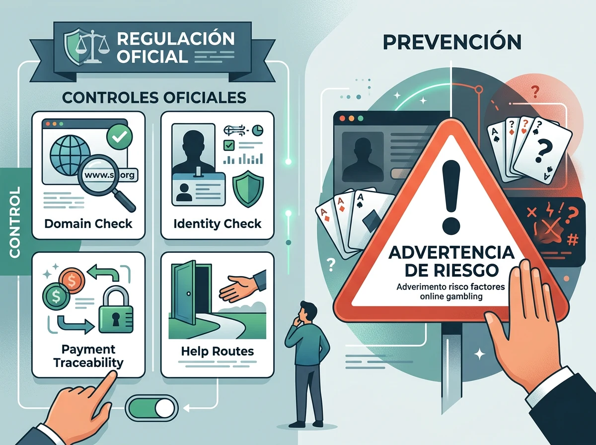 Panel editorial que compara controles oficiales y señales de alerta sin marcas de casino