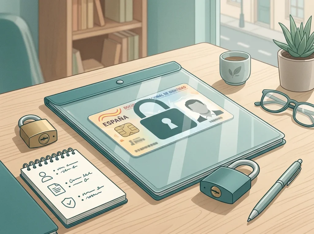 Mesa de trabajo con documento protegido, candado y lista de comprobación de datos personales