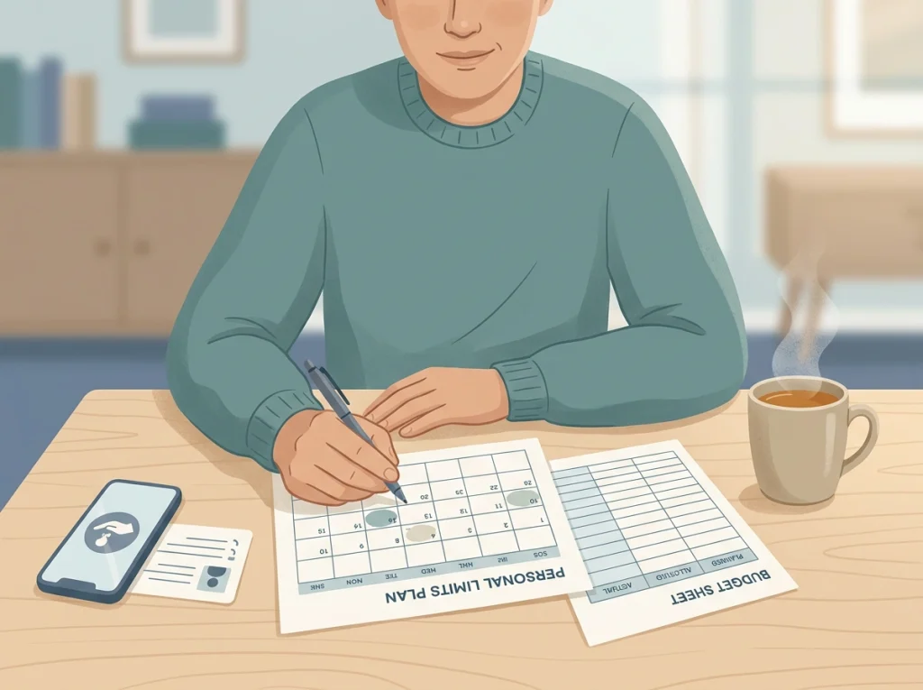 Persona revisando un plan de límites personales con calendario, saldo y contacto de apoyo