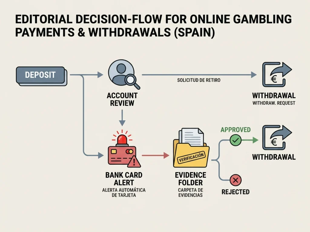 Diagrama de decisiones para depósitos, retiradas, cuentas limitadas y cargos no reconocidos